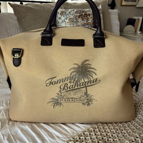 Tommy Bahama Taupe Canvas Dark Brown Leather Weekender Logo